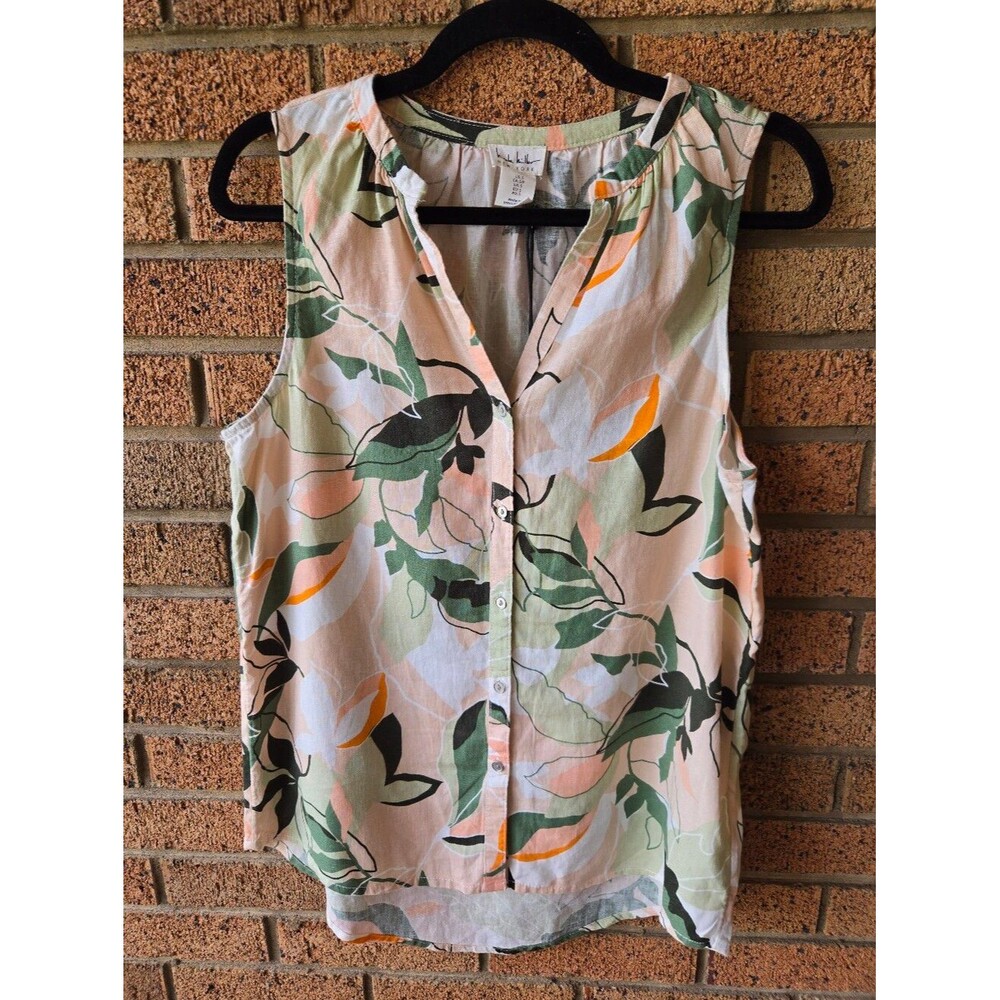 🌸 NWT Nicole Miller Tropical Botanical Linen Blend Sleeveless Blouse 🌸
